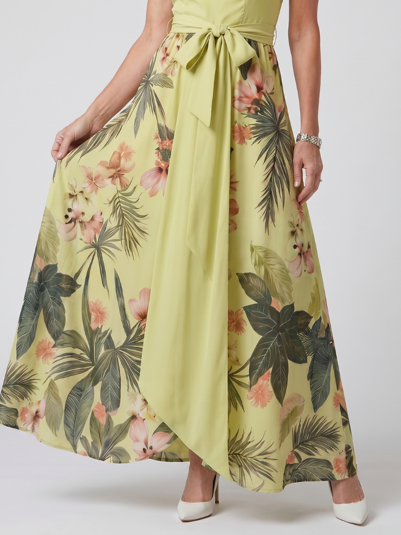 Weide - Gedrapeerde Halter Botanische Paneel Maxi Jurk