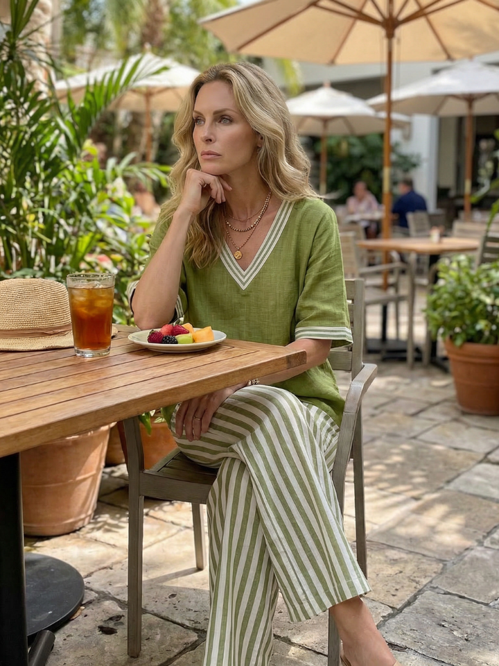 Wren - Contrast V-Hals Tuniek met Gestreepte Broek Set