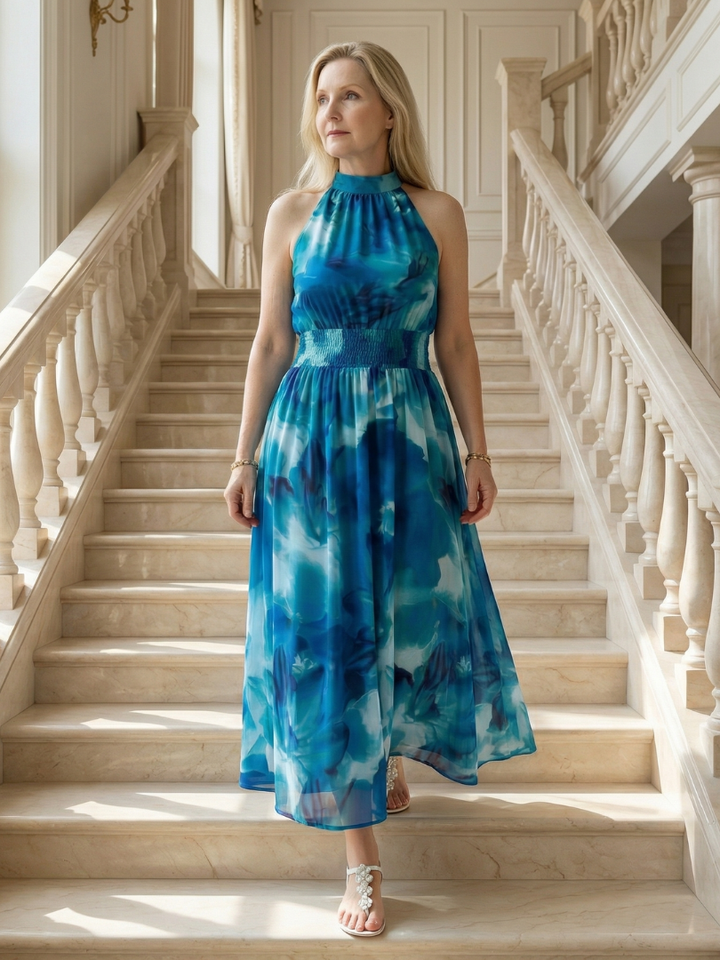 Sylin - Geplooide Halter Midi Jurk