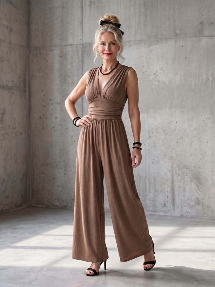 Vincenza - Diepe V Taille Gedefinieerde Wijde Pijpen Jumpsuit