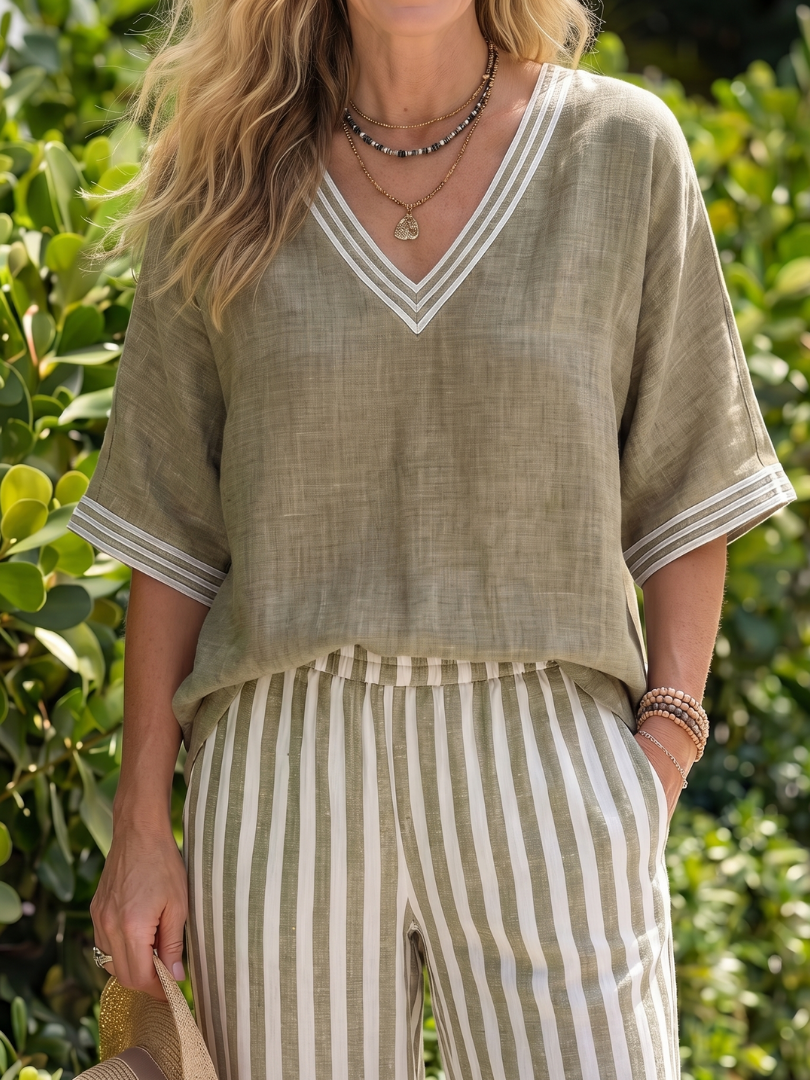 Wren - Contrast V-Hals Tuniek met Gestreepte Broek Set