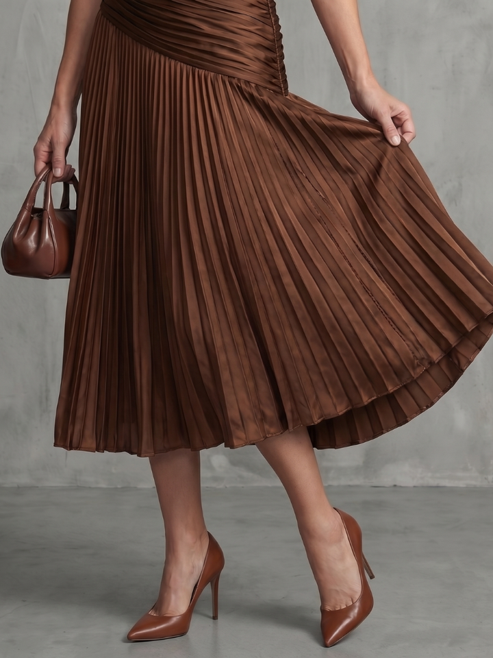 Theodora - Plissé Taille Stripe Midi Jurk