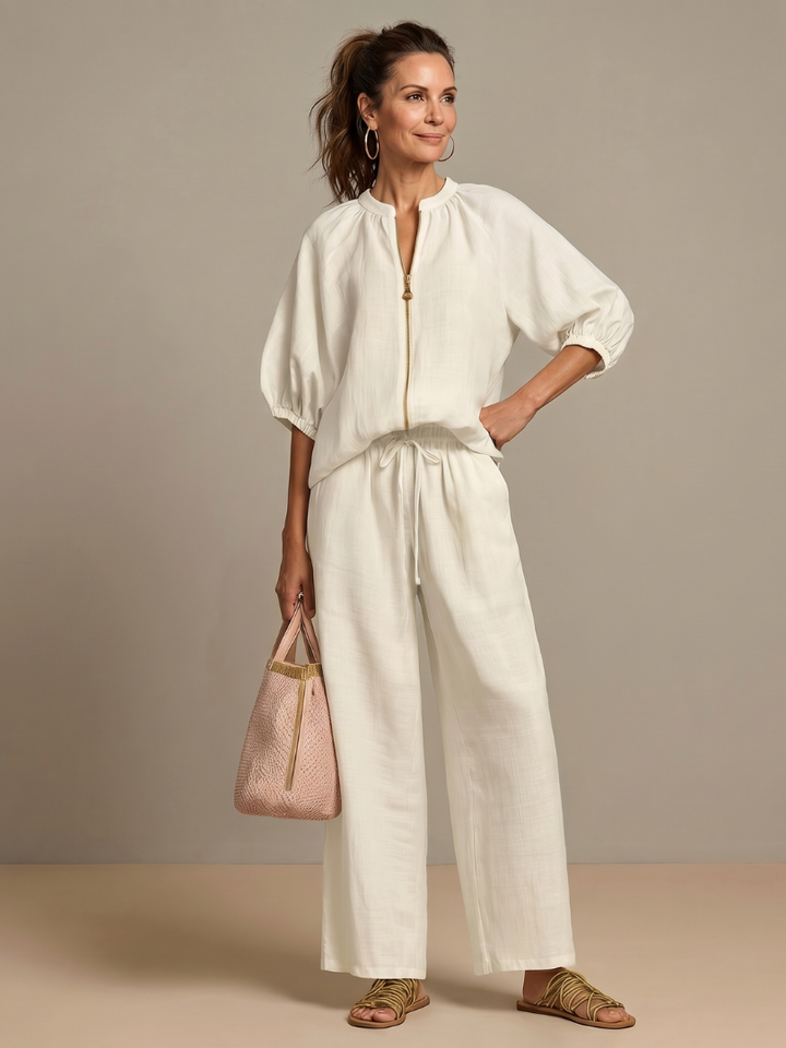 Natalia - Blouson Top met Rits en Brede Pantalon Set