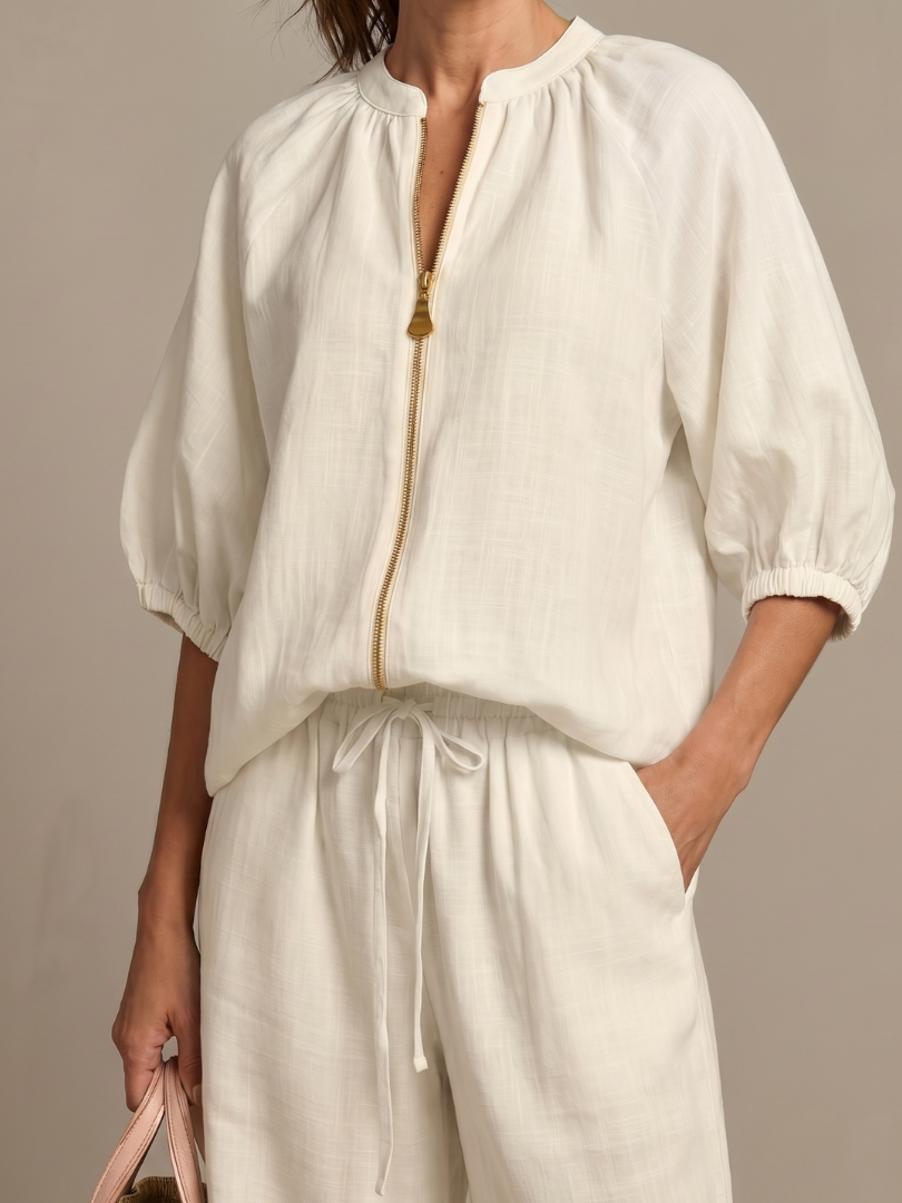 Natalia - Blouson Top met Rits en Brede Pantalon Set