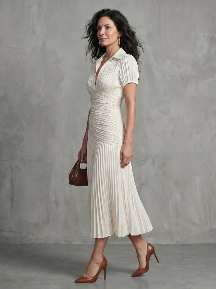 Theodora - Plissé Taille Stripe Midi Jurk
