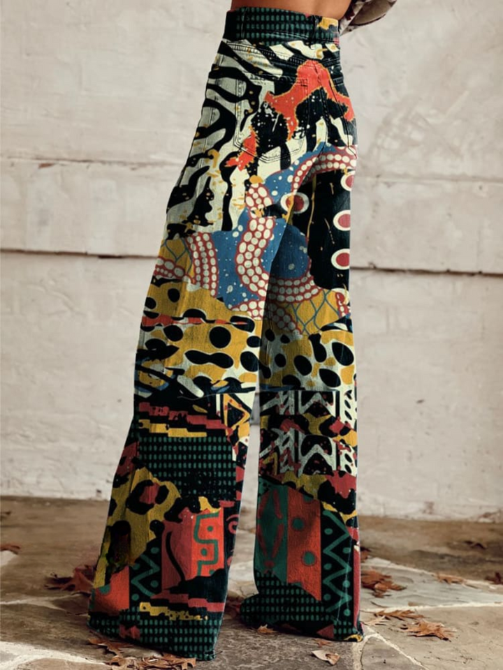 ÉLODIE - Wijde Broek met Elegant en Gedurfd Artistiek Motief