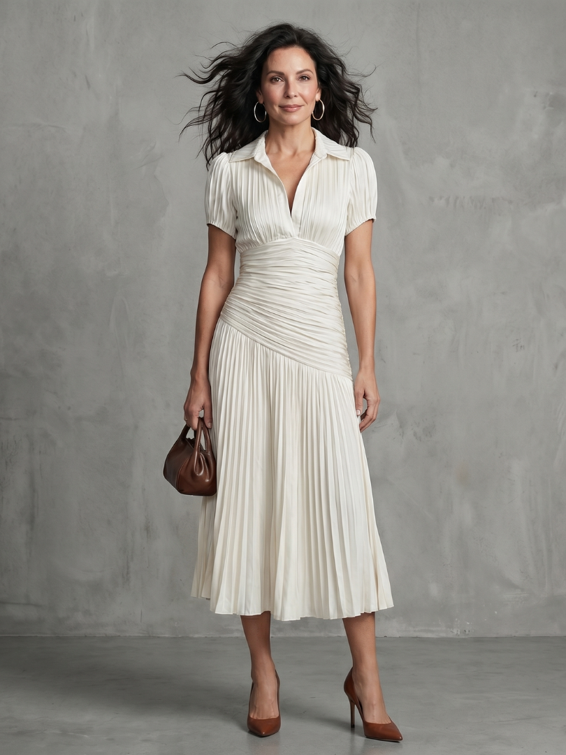 Theodora - Plissé Taille Stripe Midi Jurk