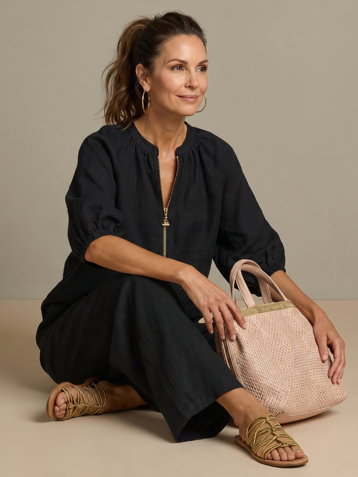 Natalia - Blouson Top met Rits en Brede Pantalon Set