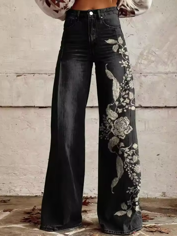 ECSLISSI - Vintage Zwarte Bloemen Chique Broek