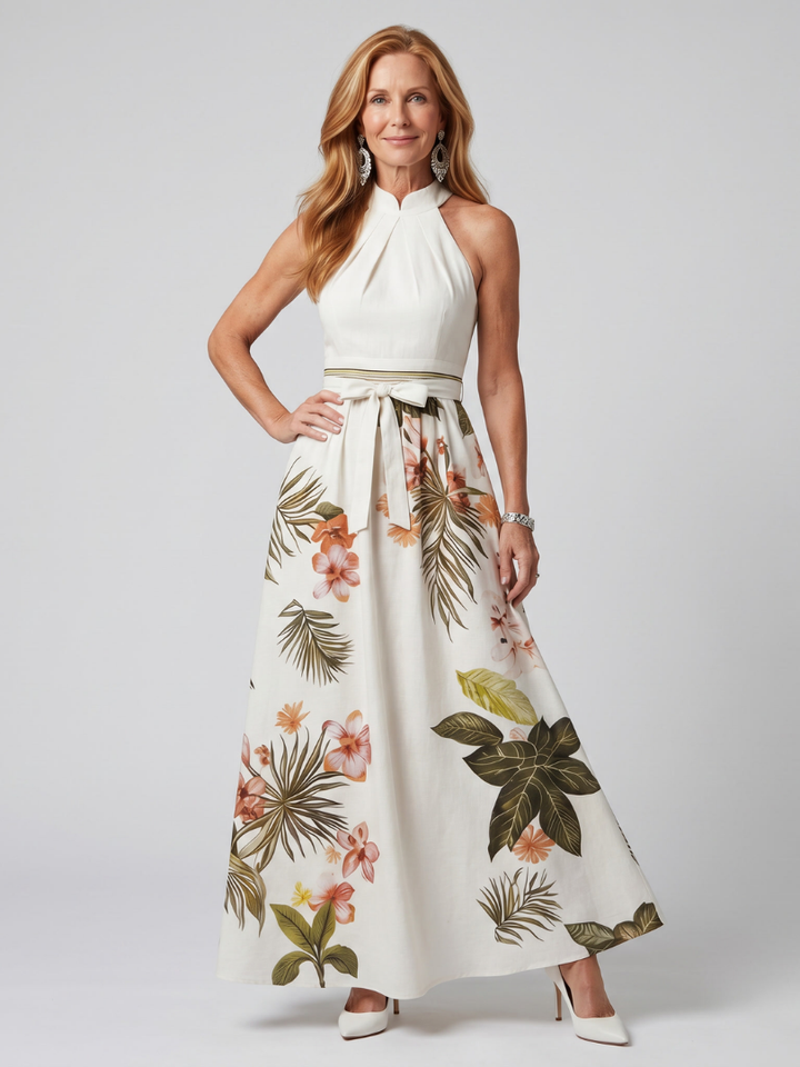 Weide - Gedrapeerde Halter Botanische Paneel Maxi Jurk