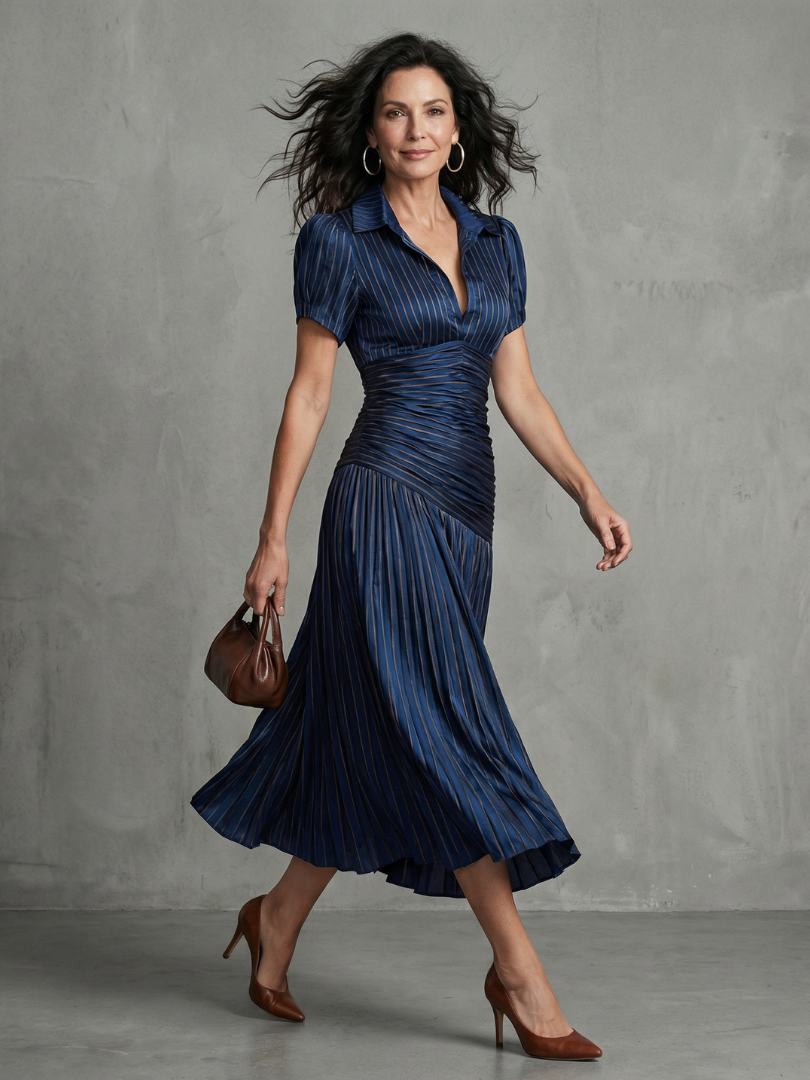 Theodora - Plissé Taille Stripe Midi Jurk
