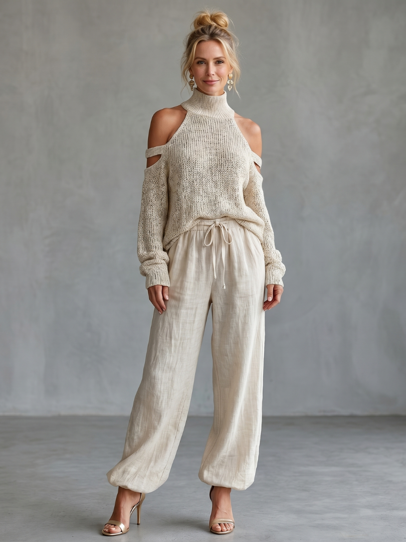 Questa - Open Schouder Gebreide Top en Brede Pantalon Set