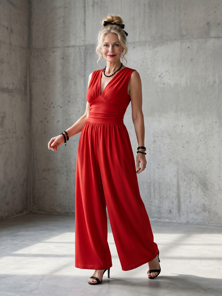 Vincenza - Diepe V Taille Gedefinieerde Wijde Pijpen Jumpsuit