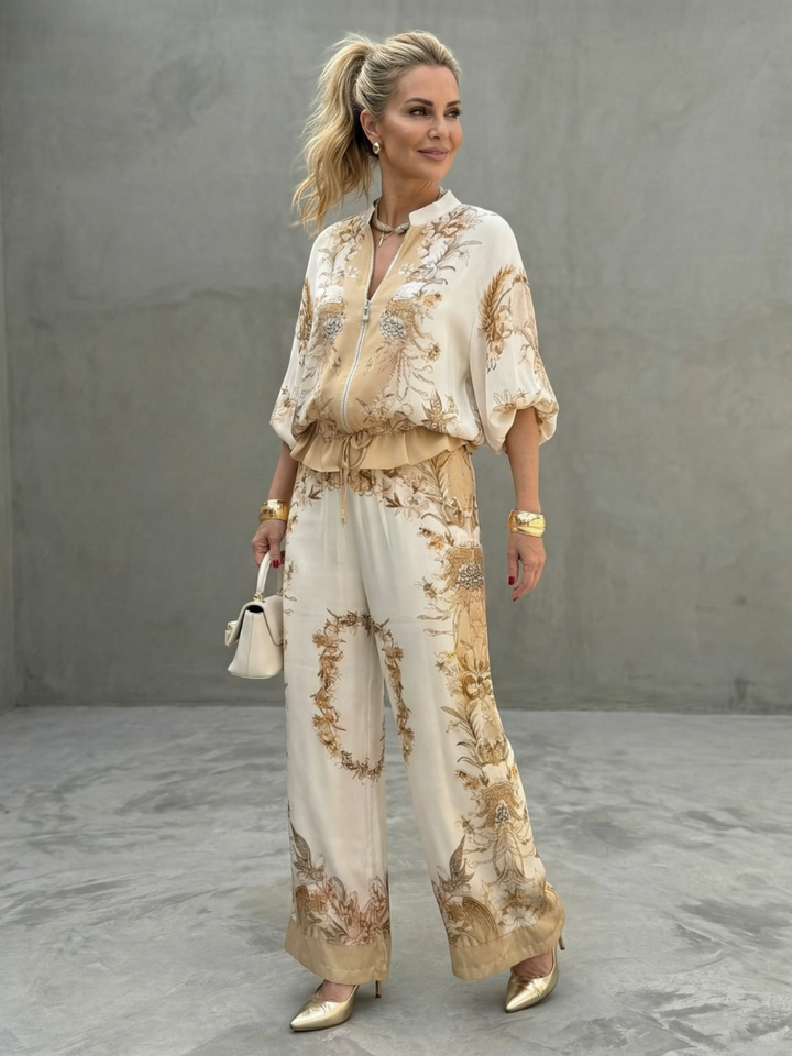 Indie - Zip Voorkant Blouson Top Gedrukt Twee Delige Set