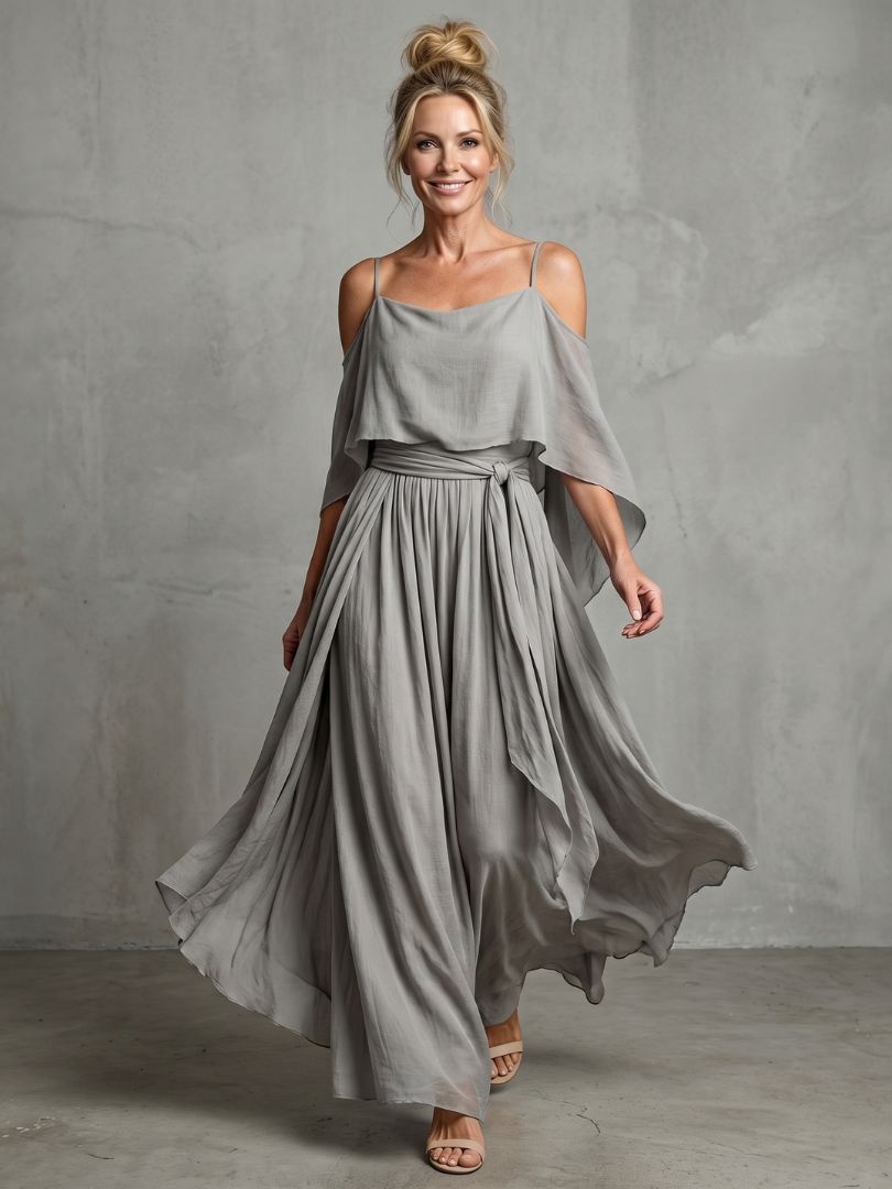 Marisol - Laagjes Drape Koude Schouder Top Brede Pijpen Set