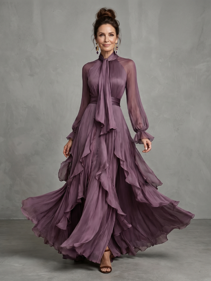 Demetria - Strik Hals Ruffle Gelaagd Maxi Jurk