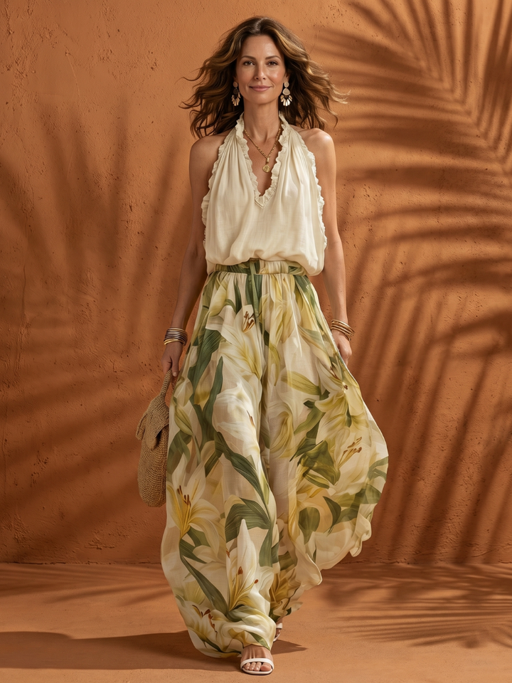 Solange - Halternek Bloemen Wijde Broek Set