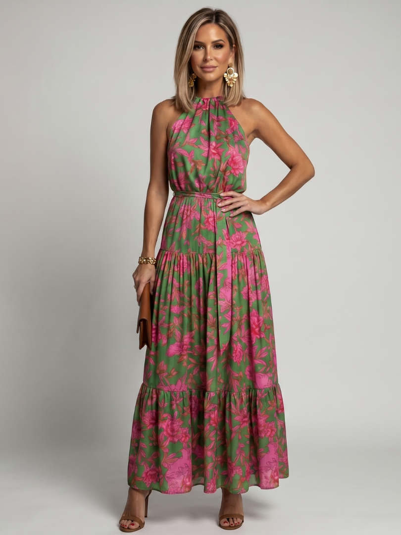 Rowen - Gedrapeerde Halter Midi-Jurk
