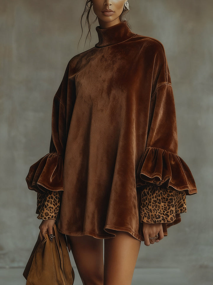 ZARA - A-LIJN VELVET JURK MET LEOPARDMOUWEN