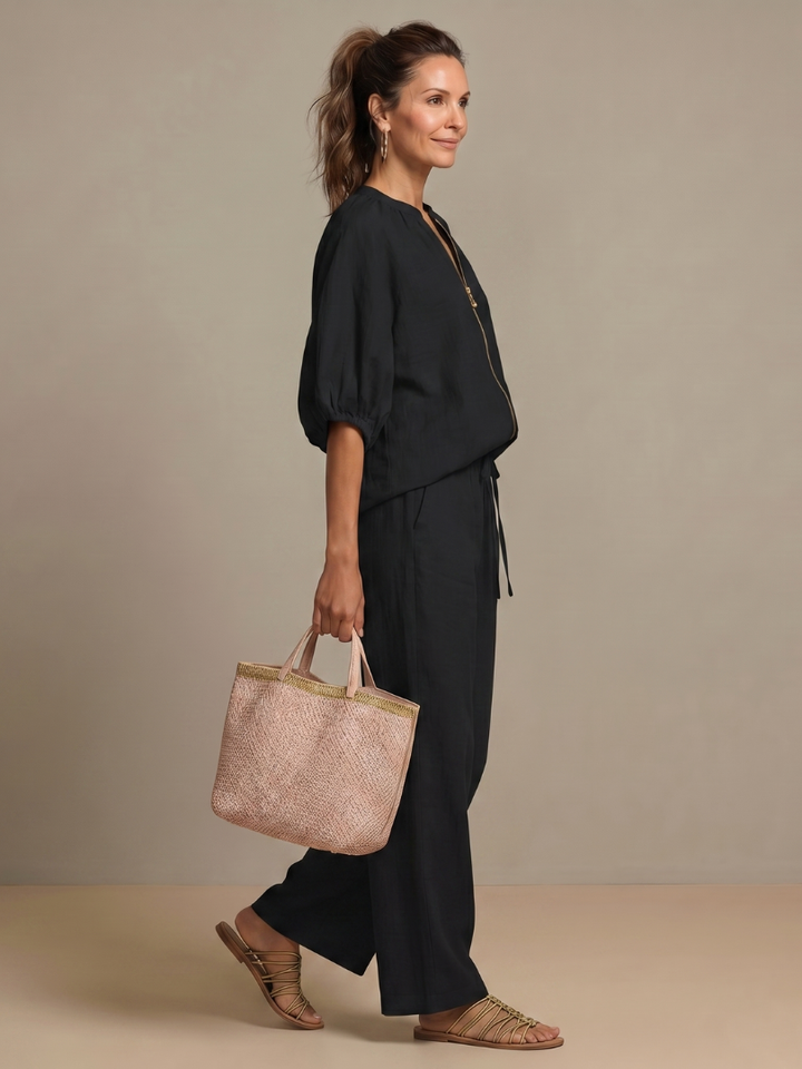 Natalia - Blouson Top met Rits en Brede Pantalon Set