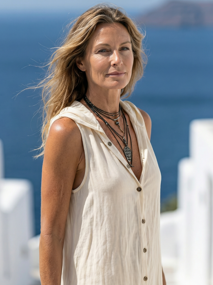 Marune - Mouwloze Maxi Jurk met Knopen en Kap