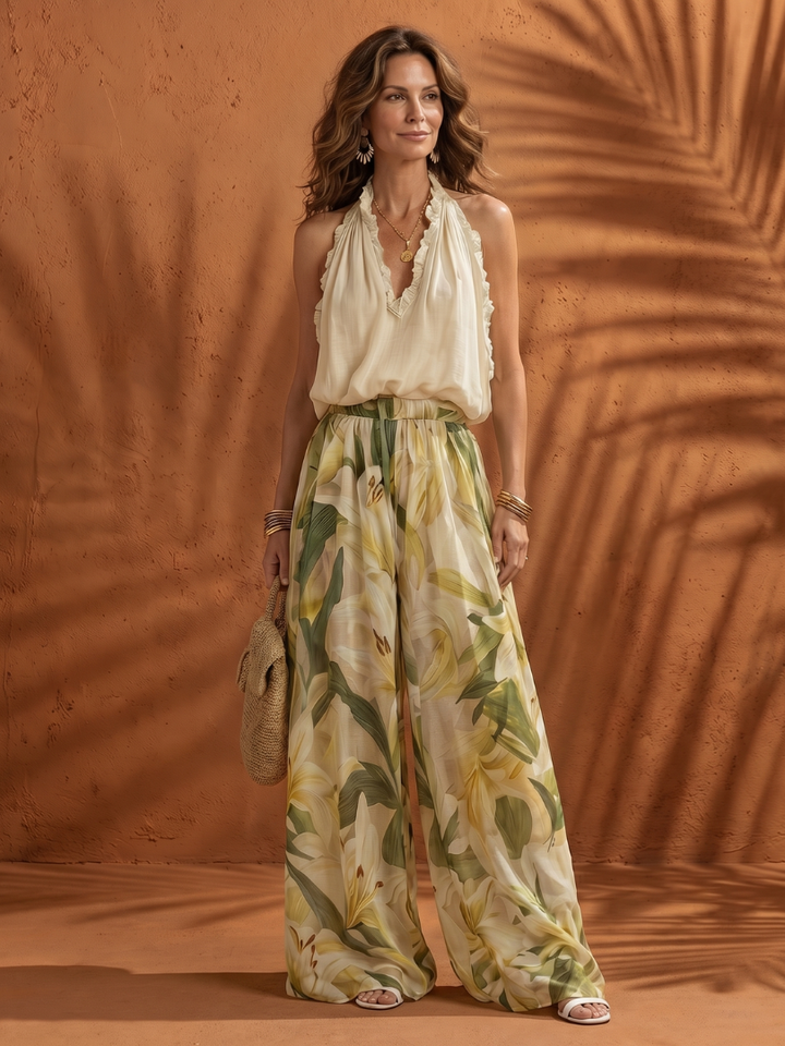 Solange - Halternek Bloemen Wijde Broek Set