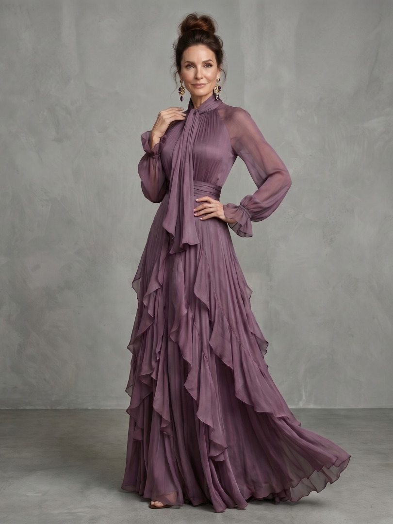 Demetria - Strik Hals Ruffle Gelaagd Maxi Jurk