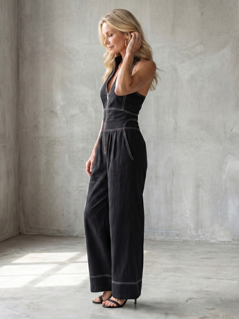 Dara - Rits Voorkant Contrast Stiksel Wijde Pijpen Jumpsuit