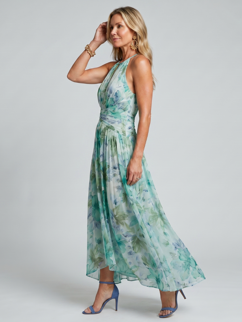 Portia - Geplooide Halter Soft Bloemenpatroon Midi Jurk