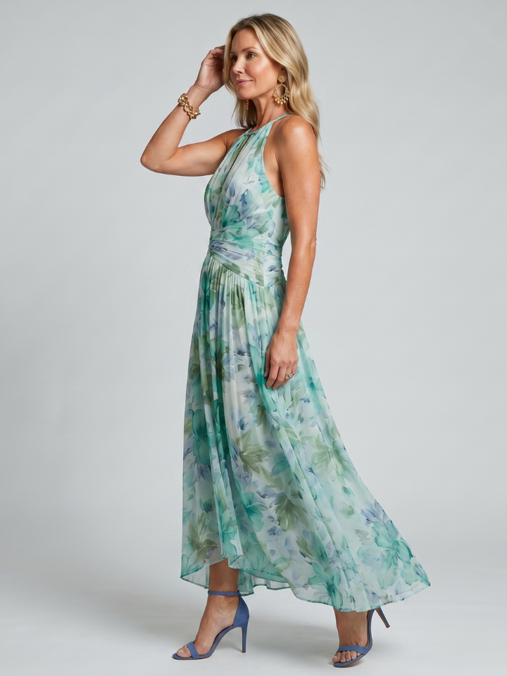 Portia - Geplooide Halter Soft Bloemenpatroon Midi Jurk