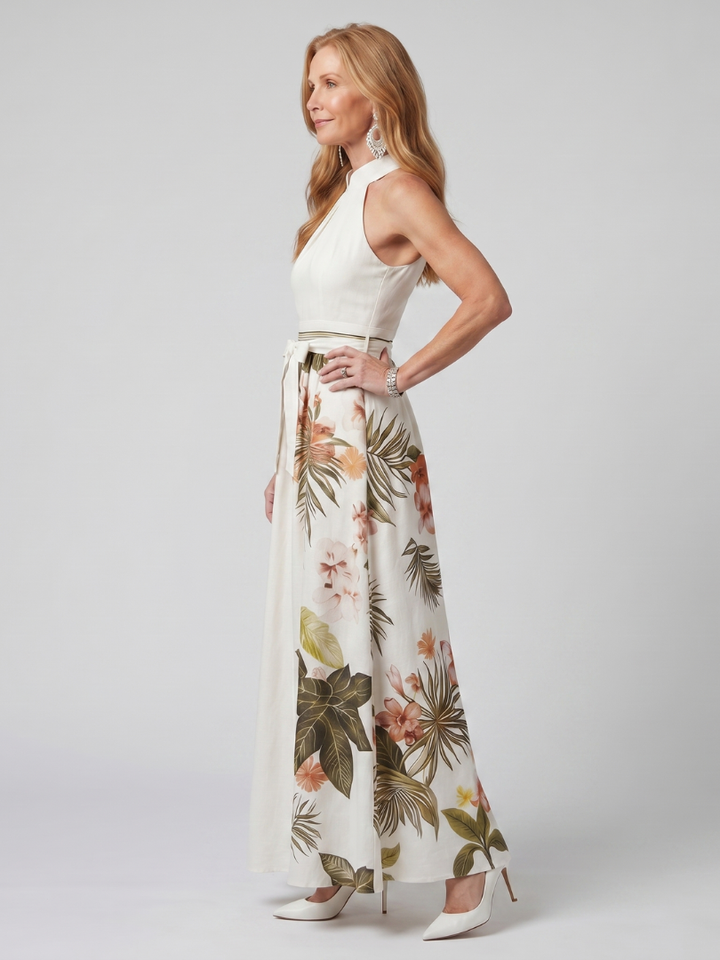 Weide - Gedrapeerde Halter Botanische Paneel Maxi Jurk