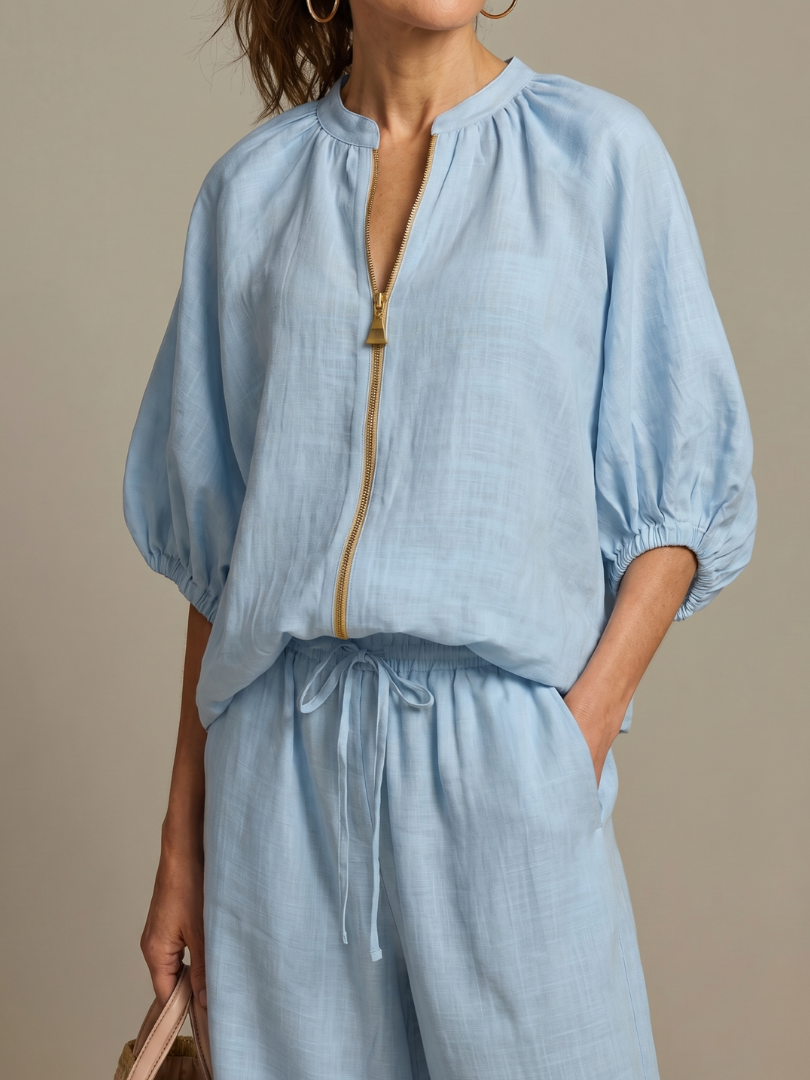 Natalia - Blouson Top met Rits en Brede Pantalon Set