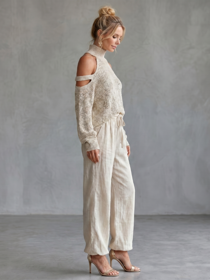 Questa - Open Schouder Gebreide Top en Brede Pantalon Set