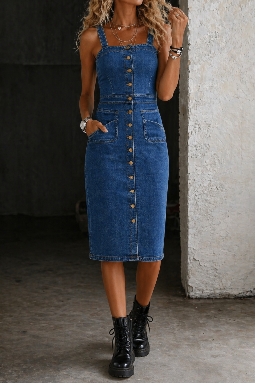 Indira - Denim Jurk met Knopen