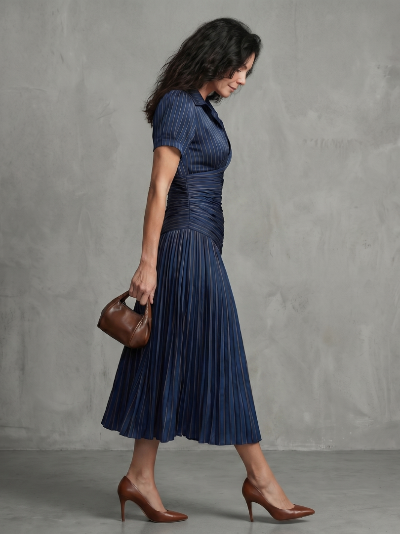 Theodora - Plissé Taille Stripe Midi Jurk