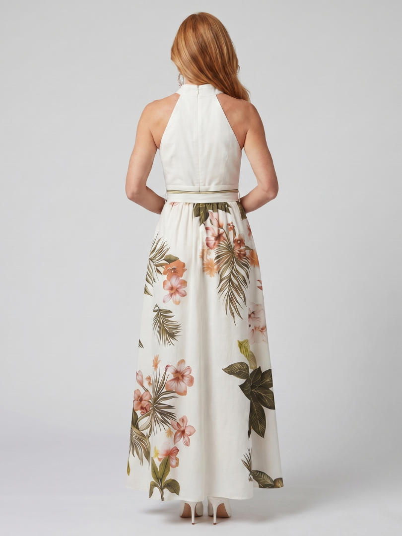 Weide - Gedrapeerde Halter Botanische Paneel Maxi Jurk