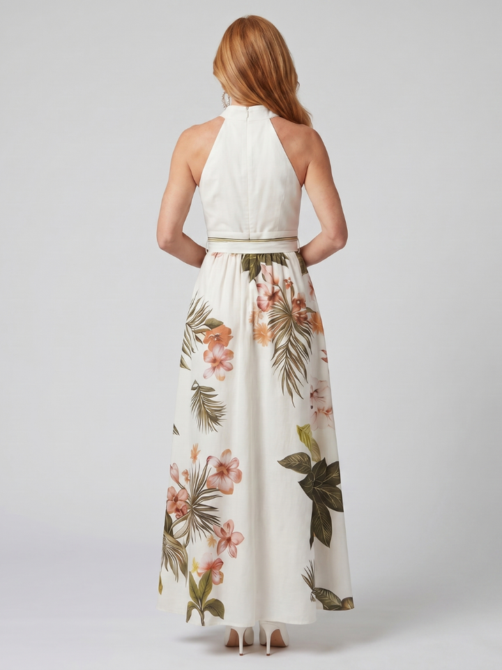 Weide - Gedrapeerde Halter Botanische Paneel Maxi Jurk