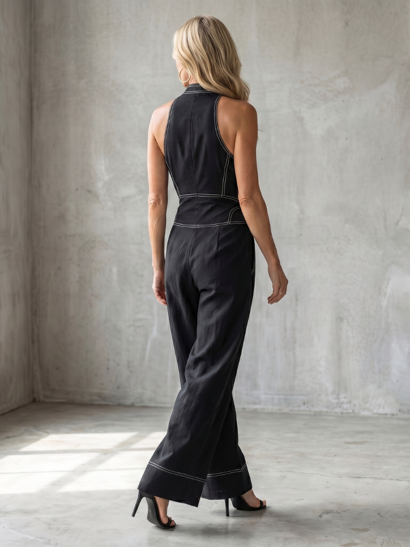 Dara - Rits Voorkant Contrast Stiksel Wijde Pijpen Jumpsuit