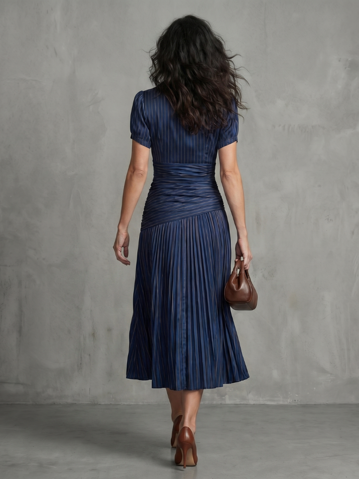 Theodora - Plissé Taille Stripe Midi Jurk