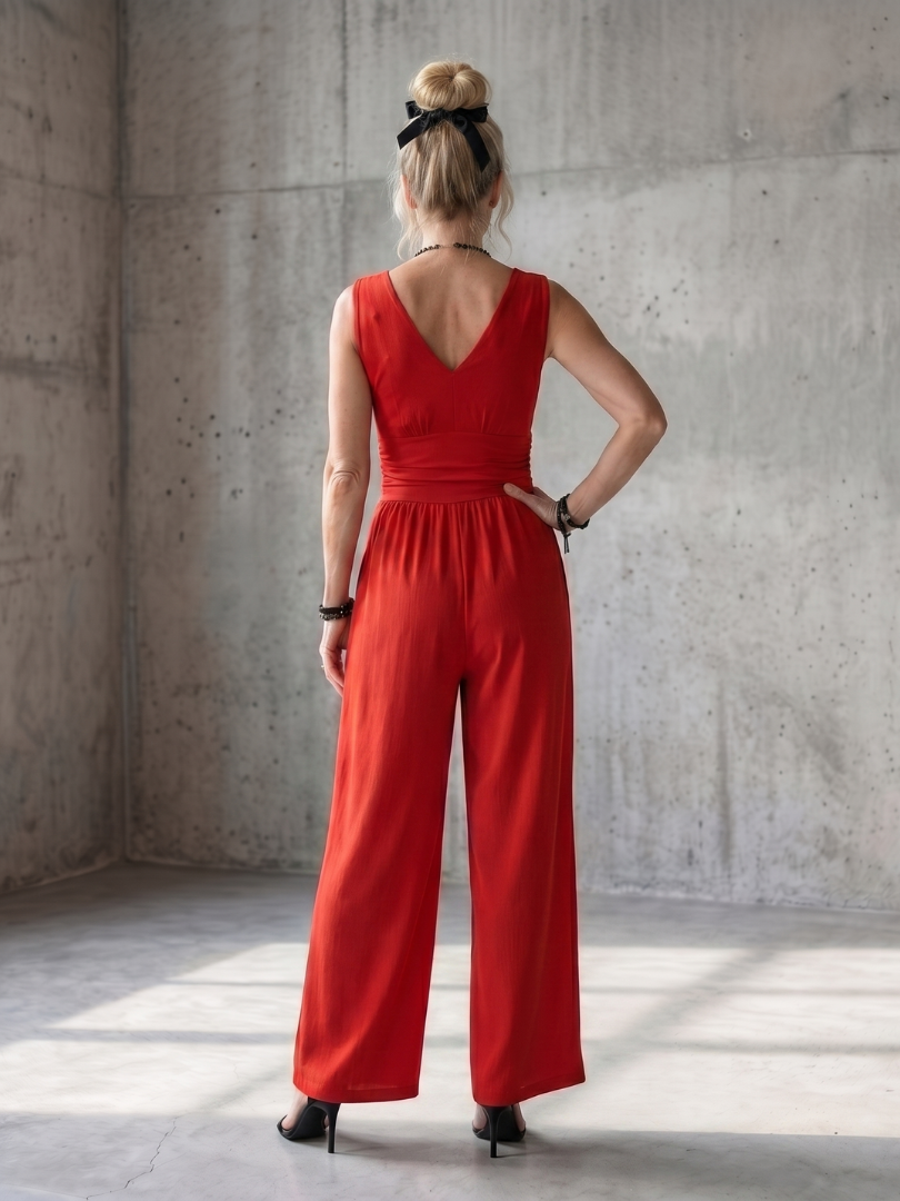 Vincenza - Diepe V Taille Gedefinieerde Wijde Pijpen Jumpsuit