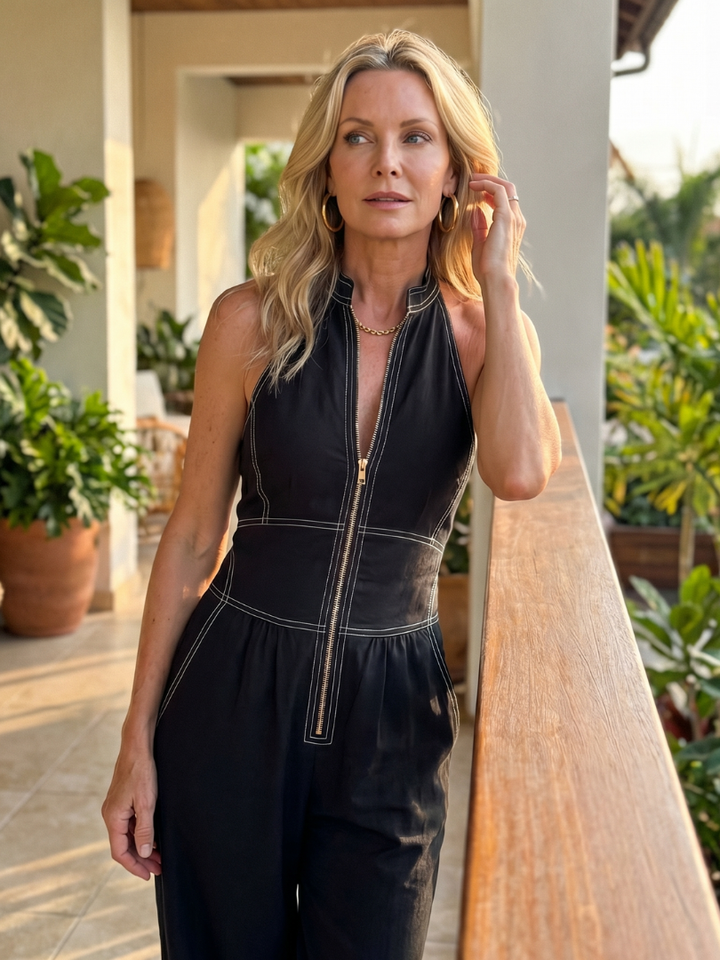 Dara - Rits Voorkant Contrast Stiksel Wijde Pijpen Jumpsuit