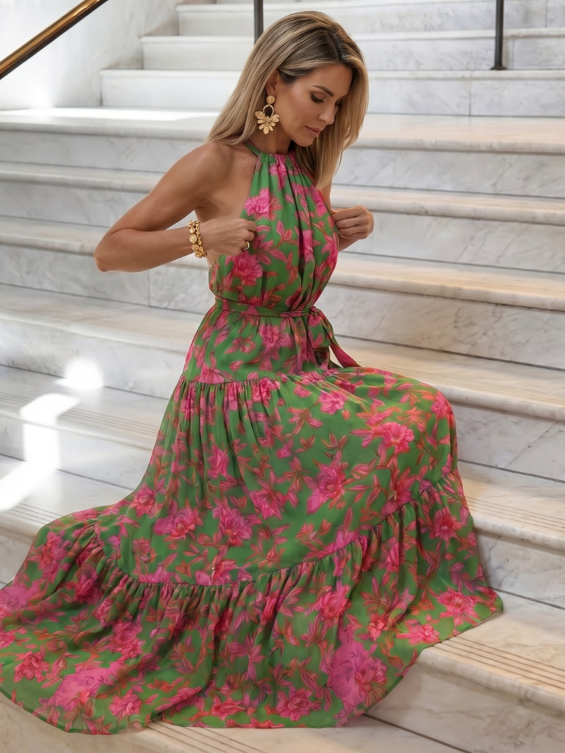 Rowen - Gedrapeerde Halter Midi-Jurk