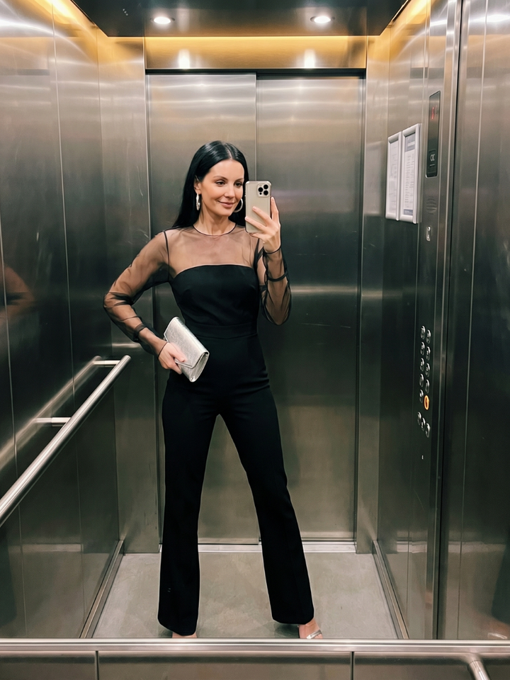 Oksana - Doorzichtig Aansluitend Bodice Uitlopende Pantalon Jumpsuit