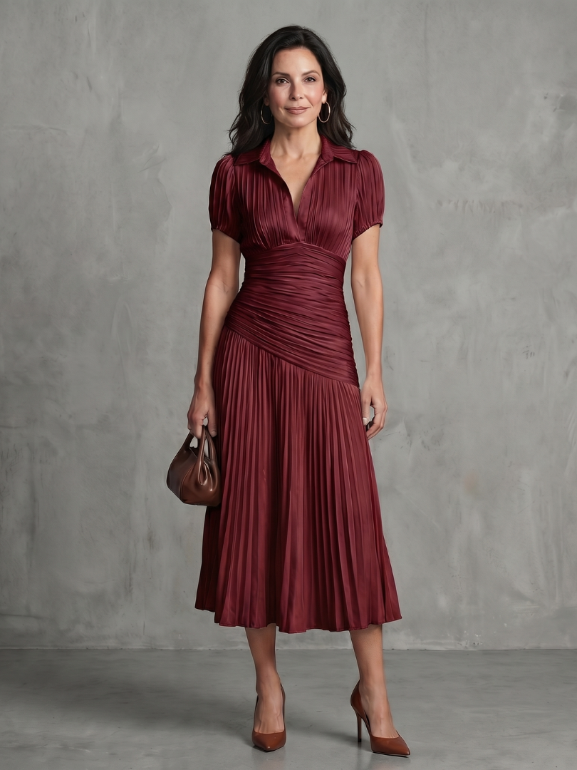 Theodora - Plissé Taille Stripe Midi Jurk