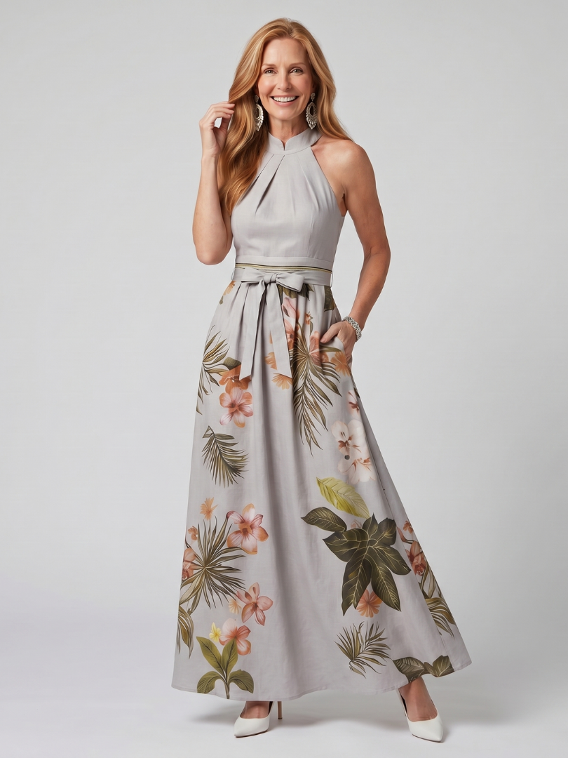 Weide - Gedrapeerde Halter Botanische Paneel Maxi Jurk