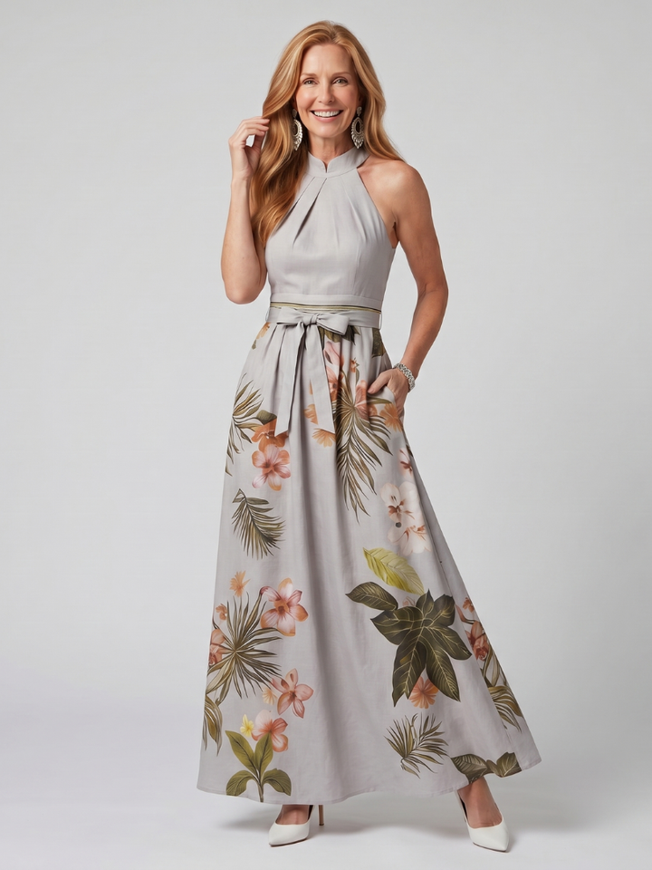 Weide - Gedrapeerde Halter Botanische Paneel Maxi Jurk