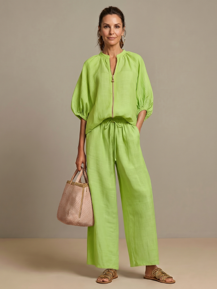 Natalia - Blouson Top met Rits en Brede Pantalon Set