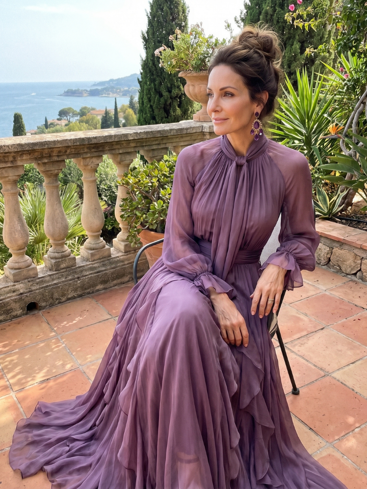 Demetria - Strik Hals Ruffle Gelaagd Maxi Jurk