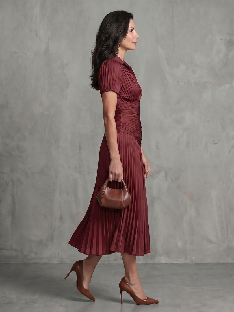 Theodora - Plissé Taille Stripe Midi Jurk