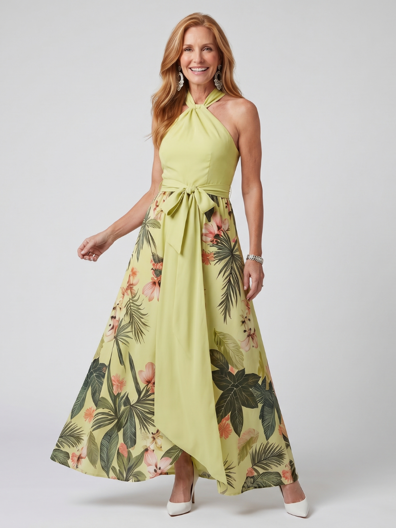 Weide - Gedrapeerde Halter Botanische Paneel Maxi Jurk